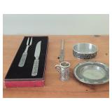 Pewter Collectibles - Letter Opener, Serving Utensils, Bowl with Rosemaling, Souvenir Plate, Mini Beer Stein