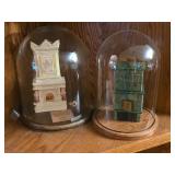 Lot of (2) Clear Glass Dome Displays with Tile Stove Miniatures