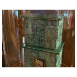 Lot of (2) Clear Glass Dome Displays with Tile Stove Miniatures
