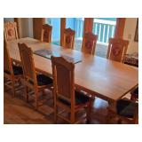 Handcarved Wood Dining Table and Highback Chairs (Lion Medallion) with Centerpiece