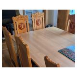 Handcarved Wood Dining Table and Highback Chairs (Lion Medallion) with Centerpiece