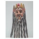 Large Old Vintage Carved Wood Bearded Figure Mask w/Bird