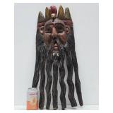 Large Old Vintage Carved Wood Bearded Figure Mask w/Bird