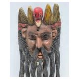 Large Old Vintage Carved Wood Bearded Figure Mask w/Bird