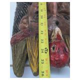 Large Old Vintage Carved Wood Bearded Figure Mask w/Bird