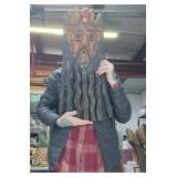 Large Old Vintage Carved Wood Bearded Figure Mask w/Bird
