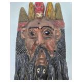 Large Old Vintage Carved Wood Bearded Figure Mask w/Bird