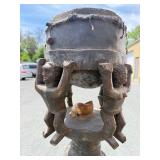Wonderful Large Old Carved Chokwe Figural Wood Drum w/Lizard skin/Leather - Angola