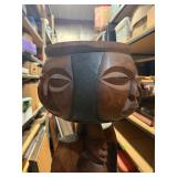 LARGE Vintage Mid Century African Tall Pedestal Bowl w/Carved Faces & Heads
