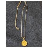 8.7-grams (total) 14K Gold Chain with 1991 Isle of Man Proof Gold Norwegian Cat Elizabeth II Coin Pendant 24'