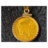 8.7-grams (total) 14K Gold Chain with 1991 Isle of Man Proof Gold Norwegian Cat Elizabeth II Coin Pendant 24'