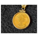 8.7-grams (total) 14K Gold Chain with 1991 Isle of Man Proof Gold Norwegian Cat Elizabeth II Coin Pendant 24'
