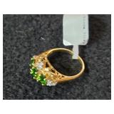 3.9-grams (total) 14K Gold Ring with Gemstones (possible Emerald and small Diamonds)