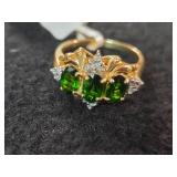 3.9-grams (total) 14K Gold Ring with Gemstones (possible Emerald and small Diamonds)