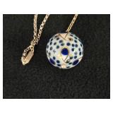 Anne Marie Odegaard 925S Norway Sterling Silver Necklace with Porcelain Porsgrund Gold Cobalt 20'
