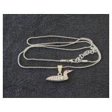 34' 36.1-grams Sterling Silver Loon Pendant Necklace with Diamonds in Body and a Ruby Eye