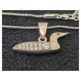 34' 36.1-grams Sterling Silver Loon Pendant Necklace with Diamonds in Body and a Ruby Eye