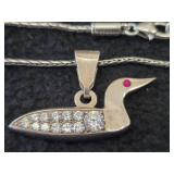 34' 36.1-grams Sterling Silver Loon Pendant Necklace with Diamonds in Body and a Ruby Eye