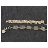 Vintage 58-grams (total) Taxco Sterling Silver Link Bracelet with Abalone Shell Inlays and Safety Chain 7-1/2' + Sterling Silver Link Bracelet with Decorative Square Panels 7-1/2'