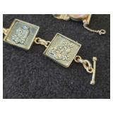 Vintage 58-grams (total) Taxco Sterling Silver Link Bracelet with Abalone Shell Inlays and Safety Chain 7-1/2' + Sterling Silver Link Bracelet with Decorative Square Panels 7-1/2'