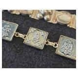Vintage 58-grams (total) Taxco Sterling Silver Link Bracelet with Abalone Shell Inlays and Safety Chain 7-1/2' + Sterling Silver Link Bracelet with Decorative Square Panels 7-1/2'