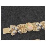 Vintage 58-grams (total) Taxco Sterling Silver Link Bracelet with Abalone Shell Inlays and Safety Chain 7-1/2' + Sterling Silver Link Bracelet with Decorative Square Panels 7-1/2'