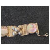 Vintage 58-grams (total) Taxco Sterling Silver Link Bracelet with Abalone Shell Inlays and Safety Chain 7-1/2' + Sterling Silver Link Bracelet with Decorative Square Panels 7-1/2'