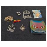 Lot of (8) Jewelry - Cat Coin Pouch, Cat Pins (x4), Dog Pin, Owl Pendant, Cat Pendant