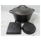 3-Piece Cookware Lot:  Lodge 8IC Cast Iron Dutch Oven with Lid & Two Crofton 6" Cast Iron Skillets
