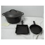 3-Piece Cookware Lot:  Lodge 8IC Cast Iron Dutch Oven with Lid & Two Crofton 6" Cast Iron Skillets