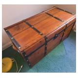 Vintage Style Wood Steamer Trunk Storage Chest w/ Leather Handles