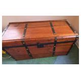 Vintage Style Wood Steamer Trunk Storage Chest w/ Leather Handles