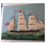 Vintage Nautical String Art Clipper Ship Textile Wall Hanging