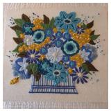 Handmade Floral Embroidery Textile Wall Art Panel Blue Basket Approx 20in