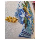 Handmade Floral Embroidery Textile Wall Art Panel Blue Basket Approx 20in