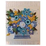 Handmade Floral Embroidery Textile Wall Art Panel Blue Basket Approx 20in