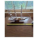 Vintage Wooden Model Schooner Ship Nautical Table Decor on Stand
