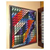 Pair of Framed Needlepoint Wall Art Geometric & Dragon Motifs