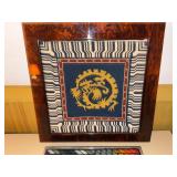 Pair of Framed Needlepoint Wall Art Geometric & Dragon Motifs