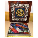 Pair of Framed Needlepoint Wall Art Geometric & Dragon Motifs