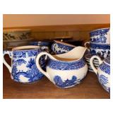 Blue Willow Transferware Tea Set Cups Saucers Creamer Sugar Bowl
