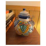 Hand Painted Talavera Style Pottery Ginger Jar w Lid Blue Multicolor
