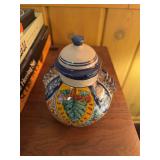 Hand Painted Talavera Style Pottery Ginger Jar w Lid Blue Multicolor