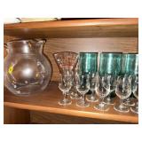 Mixed Art Glassware Lot Pitcher Vase Green Tumblers & Stemware