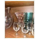 Mixed Art Glassware Lot Pitcher Vase Green Tumblers & Stemware