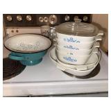 Corning Ware Blue Cornflower Casseroles & Enamel Colander Kitchen Lot