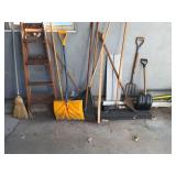 Lot of Assorted Yard & Garden Tools Step Ladder Snow Shovels Rakes