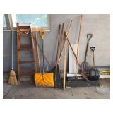 Lot of Assorted Yard & Garden Tools Step Ladder Snow Shovels Rakes