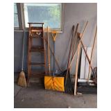 Lot of Assorted Yard & Garden Tools Step Ladder Snow Shovels Rakes