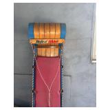 Vintage Alpine Glider Wood Toboggan Sled Red Canvas Blue Trim